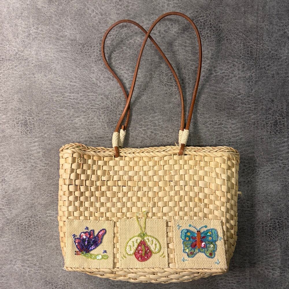 Straw Woven Butterfly Embellished Bag
